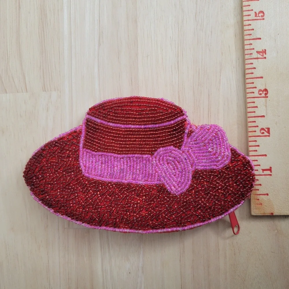 Red Beaded Coin Purse Fashionable Hat Small Bag Red Hat Society Gift Pink Ribbon